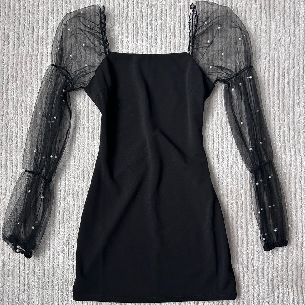 Black Long Sleeve Dress with Pearls on sleeves